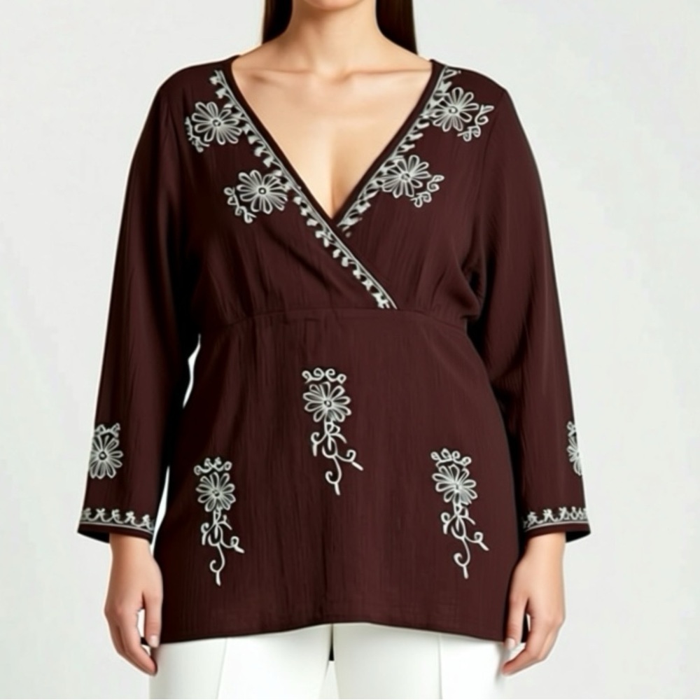 VTG Zero Zero Woman Brown 100% Cotton Hippie Flared Sleeves Tunic Top Sz 3X NWOT